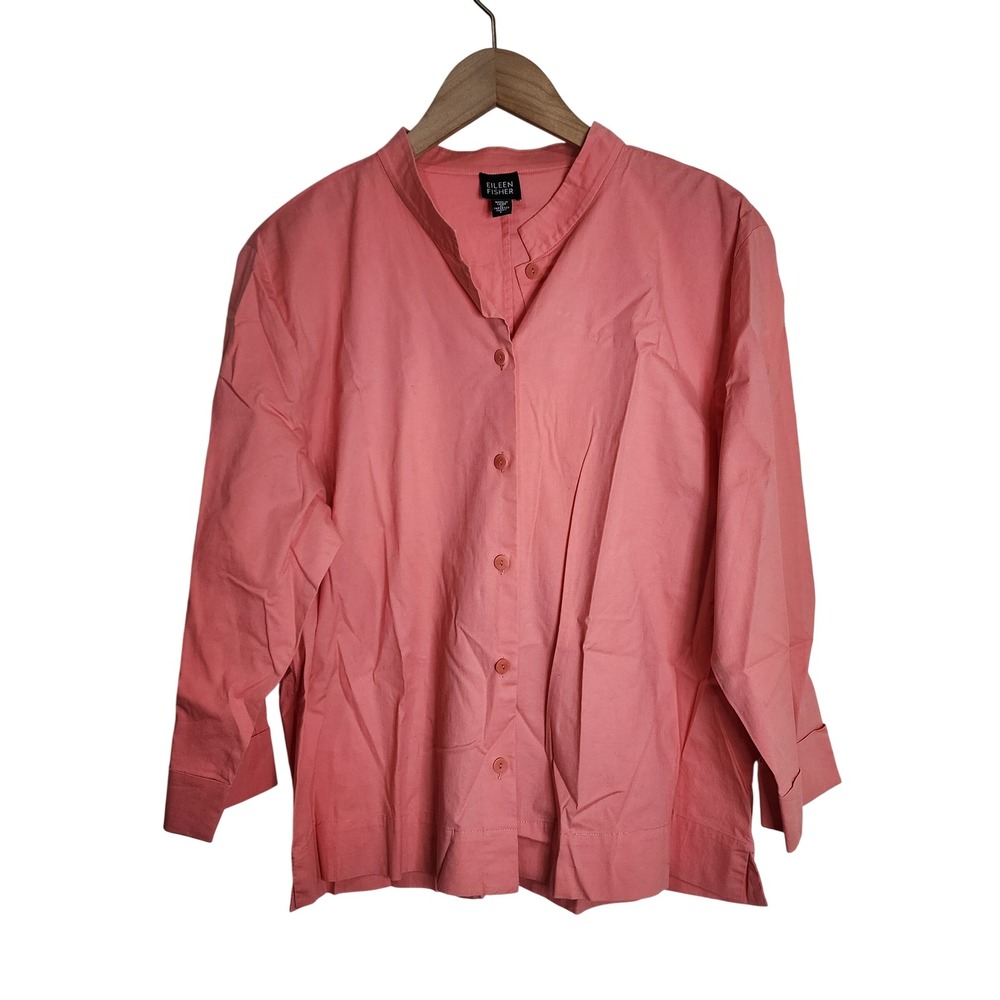Eileen Fisher Button Up Shirt Womens L Coral Pink Mandarin Collar Cotton Stretch